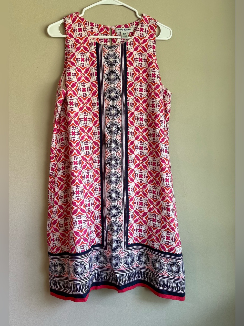 Tommy Bahama Tropical Pink and Navy Sleeveless Printed Dress 100% Linen